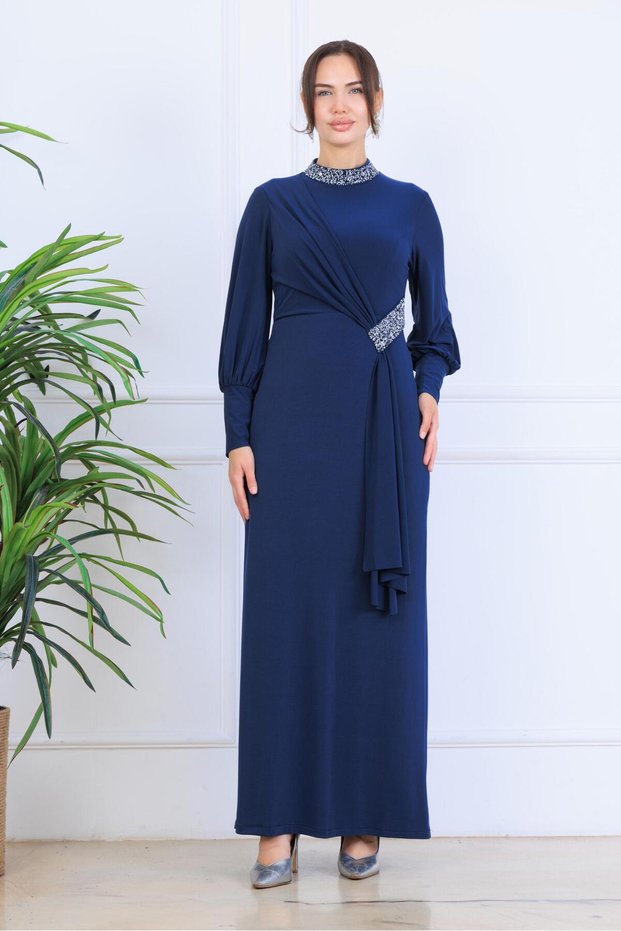 Sandy Fabric Flexible Collar and Waist Stone Detailed Plus Size Hijab Evening Dress Tbselb90