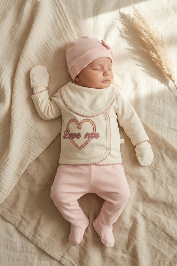 Amoré 100% Cotton 5-Piece Newborn Baby Girl Hospital Discharge Set - Ecru & Salmon'Love Me' Embroidered Pre