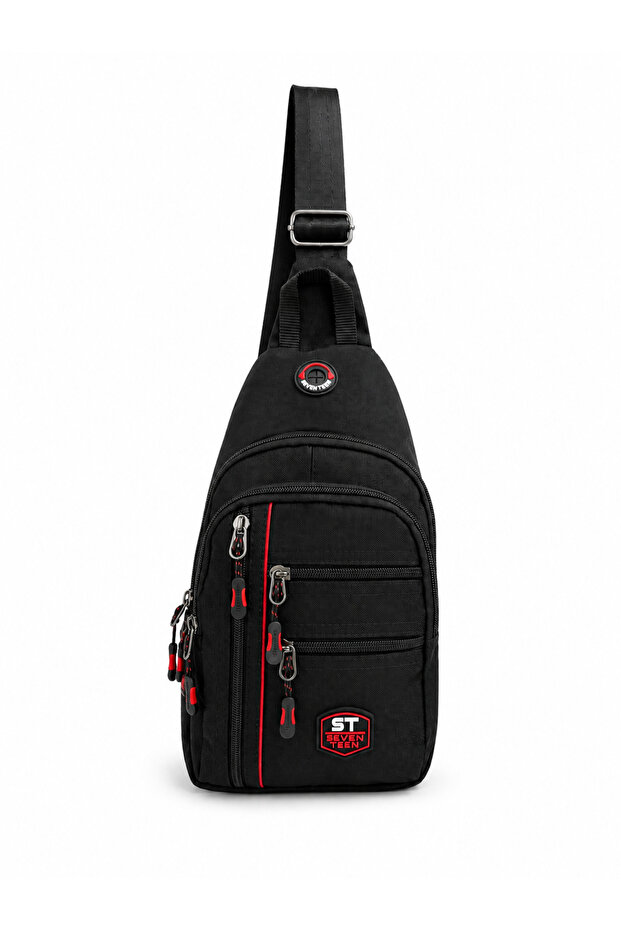 Seventeen Unisex Medium Size Multi-Compartment Crossbody Body Bag Black-Red