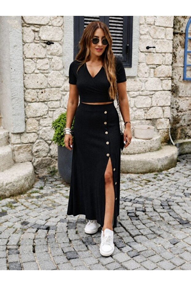 Women's Short Sleeve Double Breasted Collared Short Crop Ottoman Blouse and Midi Skirt Two-Piece Set