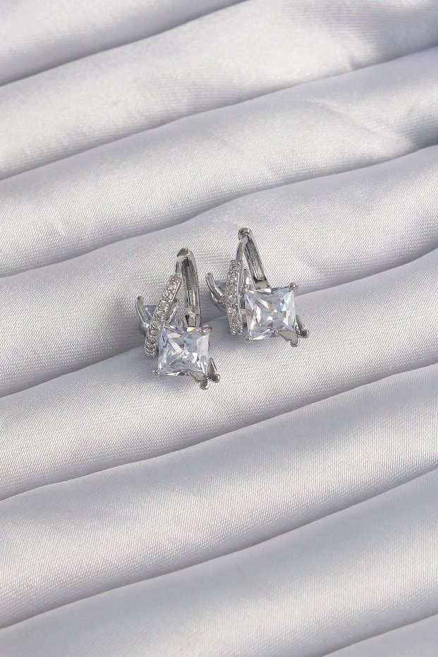 Brass Silver Color Chunky Zircon Stone Curvy Minimal Butterfly Hoop Earrings