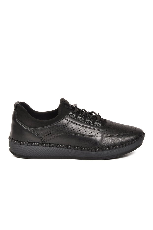 Black Anatomical Genuine Leather Perforated Rubber Laced Women's Casual Shoes Z092 Z