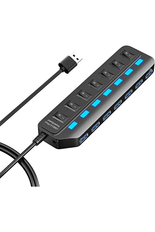 موزع USB 3.0، موزع USB بـ 7 منافذ مع مفاتيح تشغيل/إيقاف LED فردية، سرعة بيانات عالية تصل إلى 5 جيجابت في الثانية