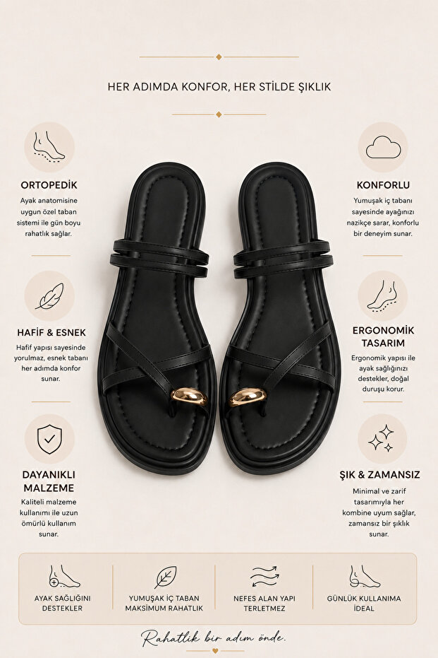 Ring Detailed Toe-Toe Flip Flops Orthopedic Flat Sole Daily Comfortable Sandals