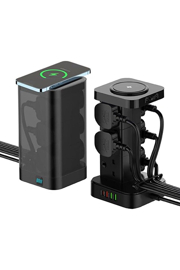 وصلة كهربائية متعددة المنافذ مع منفذ USB-C وشاحن لاسلكي، حماية من التيار المفاجئ، مقبس متعدد الاستخدامات بـ 6 مخارج