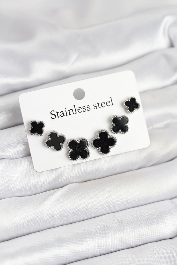 Silver Steel Black Three Size Clover Earring Set for Elegant Woman