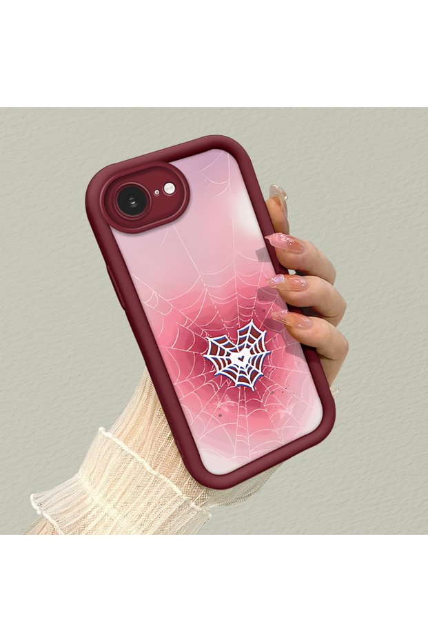 iPhone 16E Compatible Pink Gradient Heart Spider Web Pattern Silicone Case