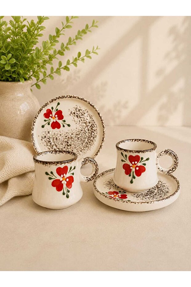 Flower Pattern Handmade Ceramic 2-Piece Coffee Cup Set