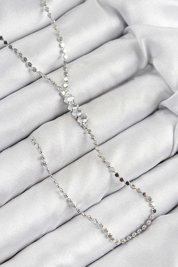 Brass Zircon Stone Crushed Chain Model Silver Color Y Necklace