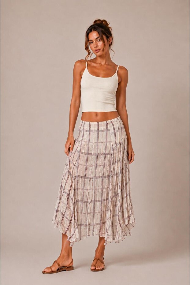 Wrinkled looking checkered midi skirt