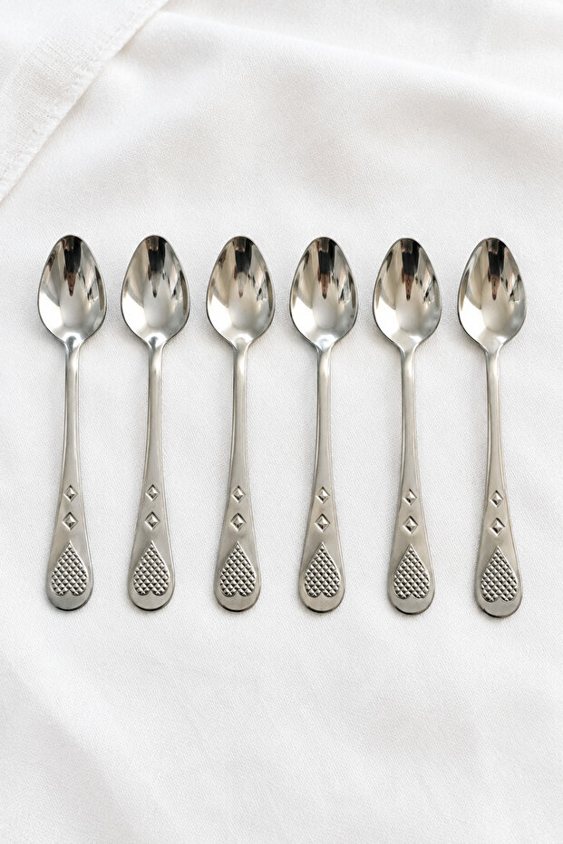 Set of 6 Stainless Steel Heart Patterned Teaspoons