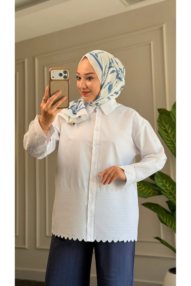 6470 - Stylish Comfortable Skirt and Sleeve Cuff Pattern Detailed Woven Soft Fabric Women's Poplin Shirt
