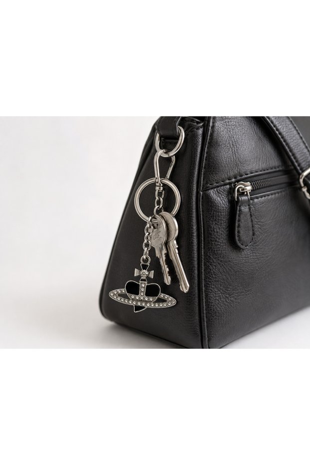 Keychain with Stone Planet and Cross Figures – Black Silver Color Stylish Accessory