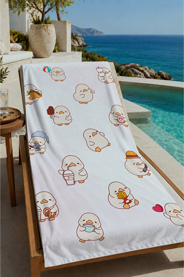 White Background with Cute Chick Characters Patterned 70X150 Beach Towel - Cotton Bath Towel