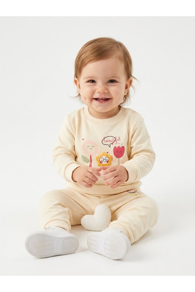 Cotton Floral Detailed Snap Fastener 2-Piece Baby Girl Set
