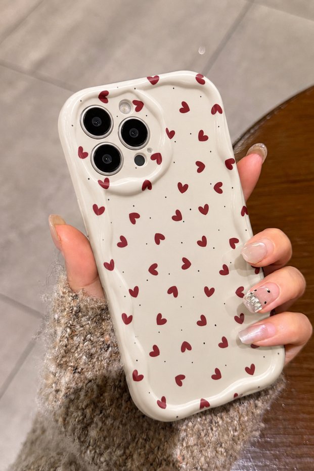 iPhone 15 Pro Max Compatible - Cream Color (Red Hearts) Printed, Soft Phone Case with Wavy Edges on the Sides