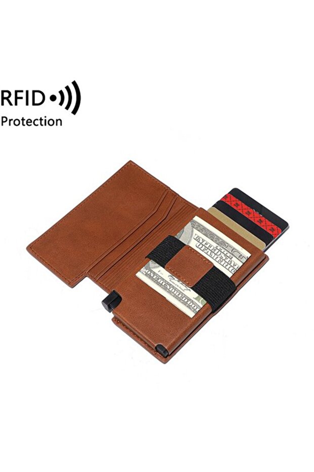 RFID automatic card ejector wallet genuine leather magnetic.