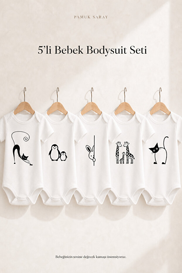 5-Piece Printed Baby Bodysuit Set 100% Organic Cotton Short Sleeve Unisex Bodysuit