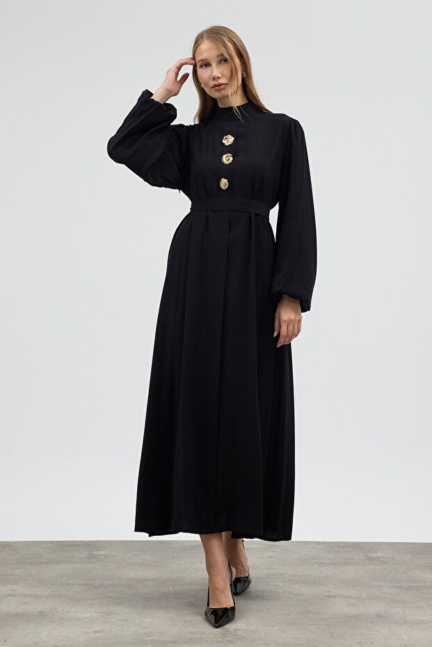 Button Detailed Cupra Dress - Black