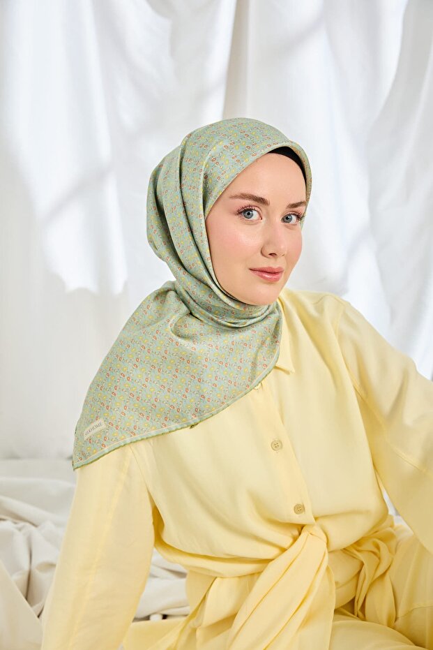 Twill Silk Scarf Mini Bouquet Mint Green