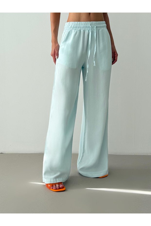 Women's Baby Blue Palazzo Trousers Elastic Waist Lace-Up Wide Leg Long Woven