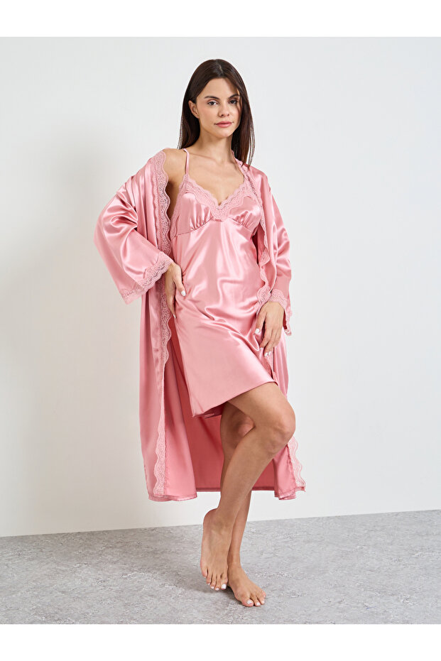 Pink Lace Detail Satin Robe and Slip Set
