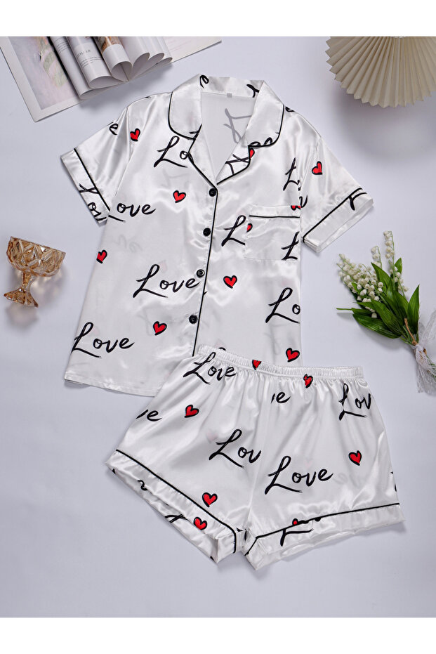 White Graphic Print Shirt and Shorts Pajama Set