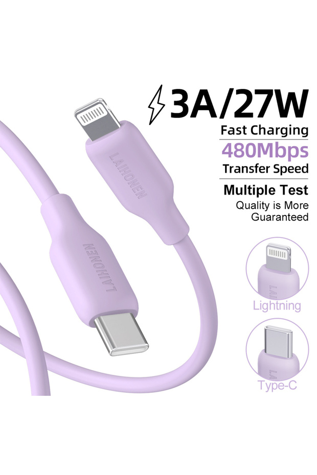 2m 1pc purple LAIHONEN USB C to Lightning Fast Charging Cable, Flexible Silicone Durable, For iPhone