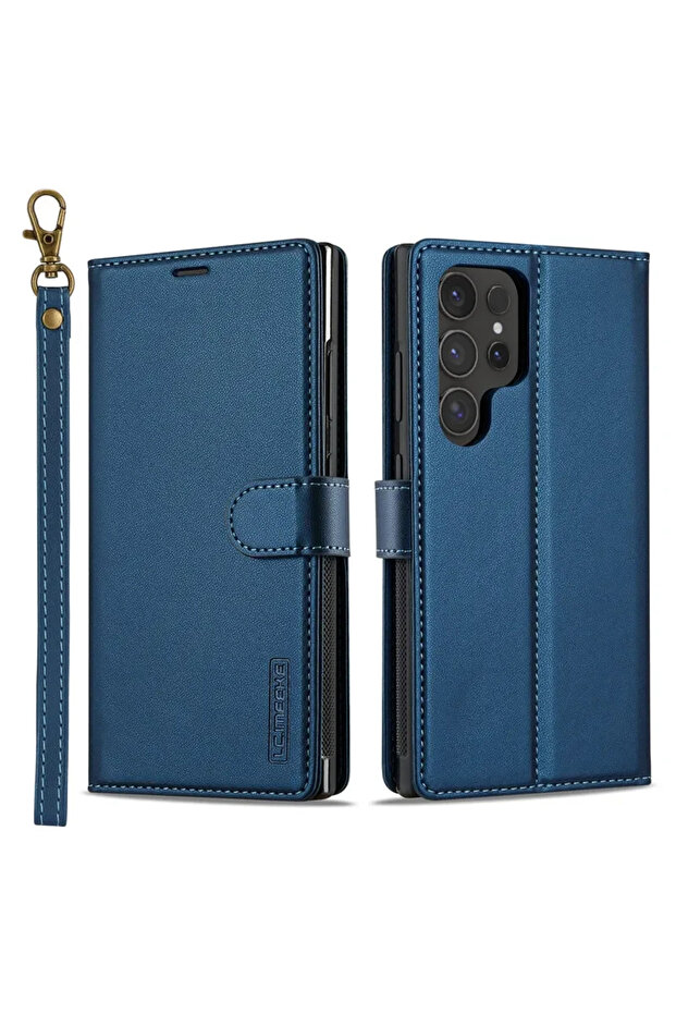 For Galaxy S26 Plus Blue Leather Case for S26 S25 Edge S24 Ultra S23 S22 Plus S21 FE A17 A16 A36 A