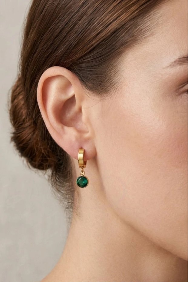 Gold Color Steel Earrings with Green Crystal Stone | Minimal Elegant Earrings with Dangle | Women's Earrings | Karma Series