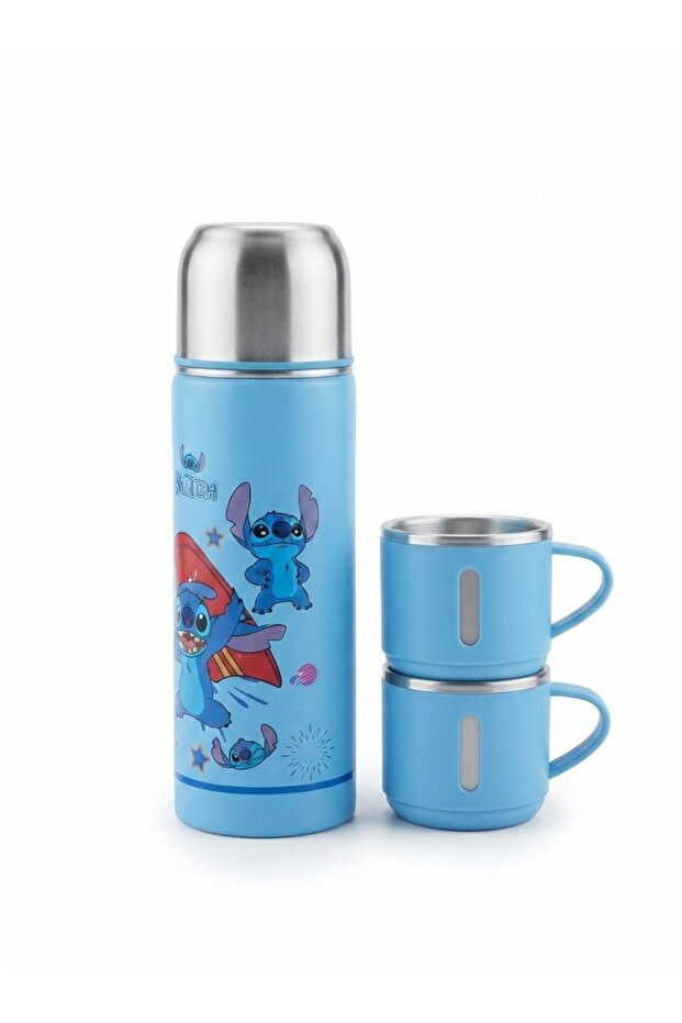 Stitch Character Water Bottle & Cup Set, Blue Reusable Drinkware Set for Kids, School & Home
