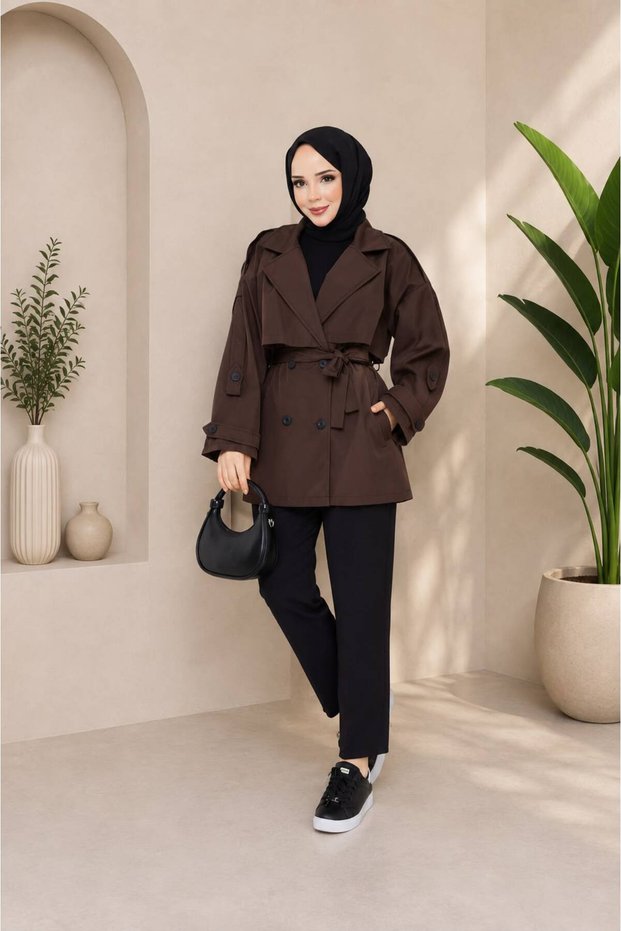 Button Detailed Belted Oversized Short Bondite Trench Coat