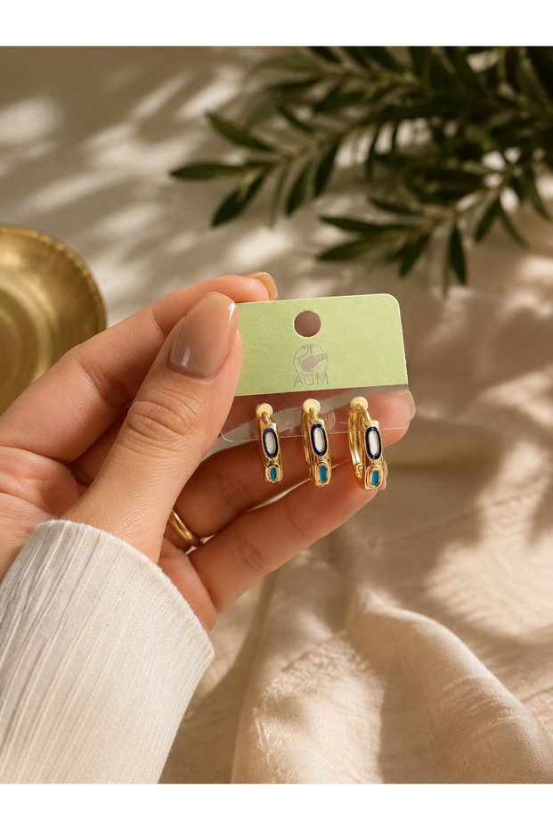 Acm Gold Color Blue Turquoise Enamel 3-Piece Hoop Earrings – Minimal Design