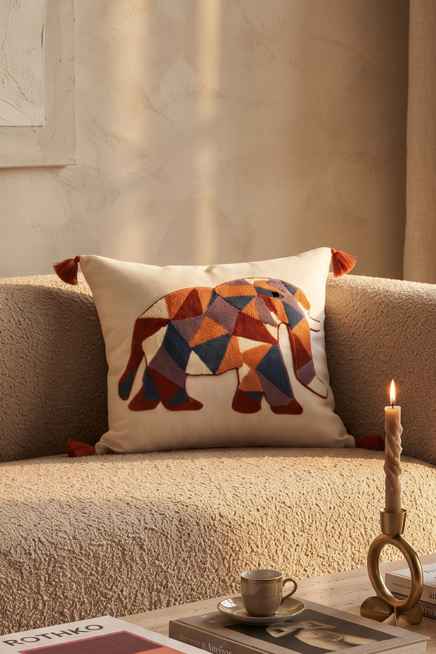 Bohemian Colorful Elephant Punch Embroidered Cotton Decorative Tassel Hidden Zipper Throw Pillow Cover 42X42 cm