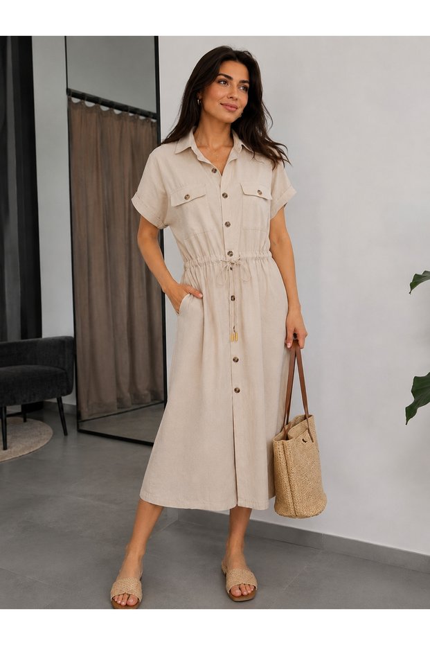 Women's Linen Viscose Shirt Dress - Gathered at the Waist - with Pockets - Midi Length Summer Dress