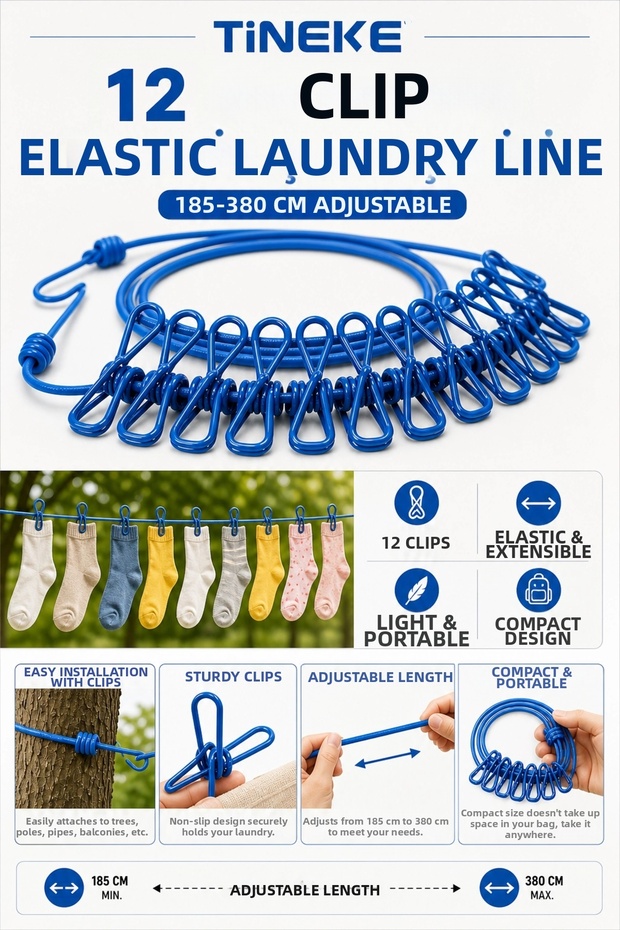 12-Latch Portable Elastic Clothesline | 185-380 cm Adjustable | Camping, Travel and Honey