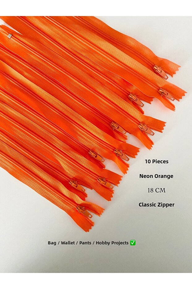 10 Pieces Neon Orange 18 Cm, Classic Quality Zipper for Bags, Wallets, Pants, Hobby Projects