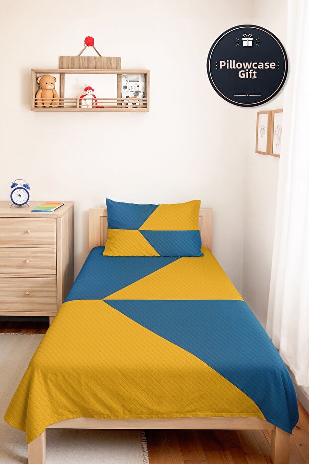 Blue Geometric Young Room Single Pique Set - Yellow Modern 160X220 cm Quilted Bedspread