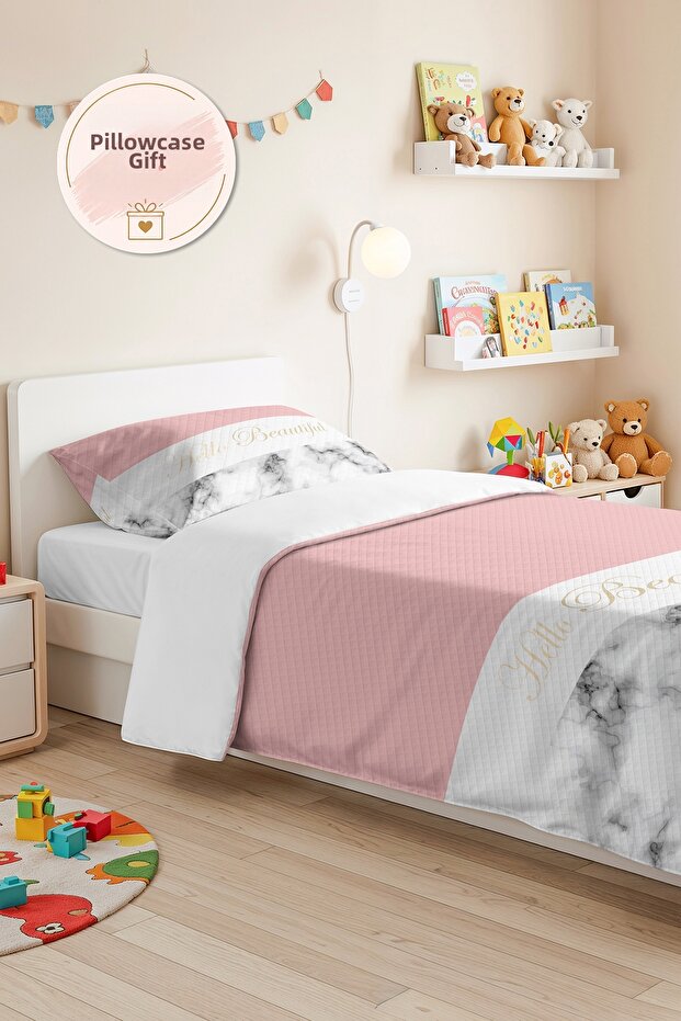 Pink Marble Modern Young Room Single Pique Set - White Gray 160X220 cm Quilted Bedspread