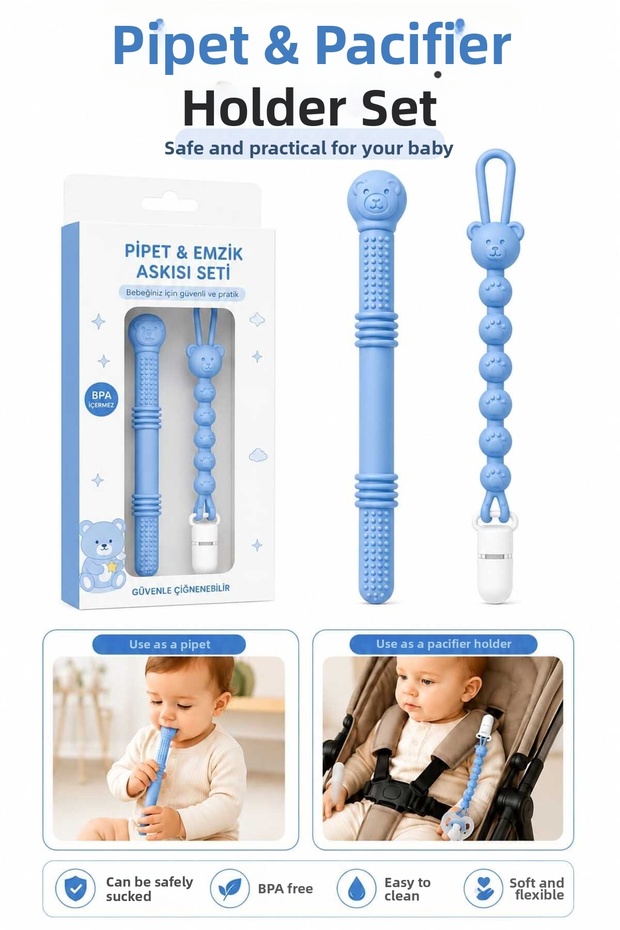 2-Piece Teether Set | Pipette and Pacifier Strap | Baby Teether