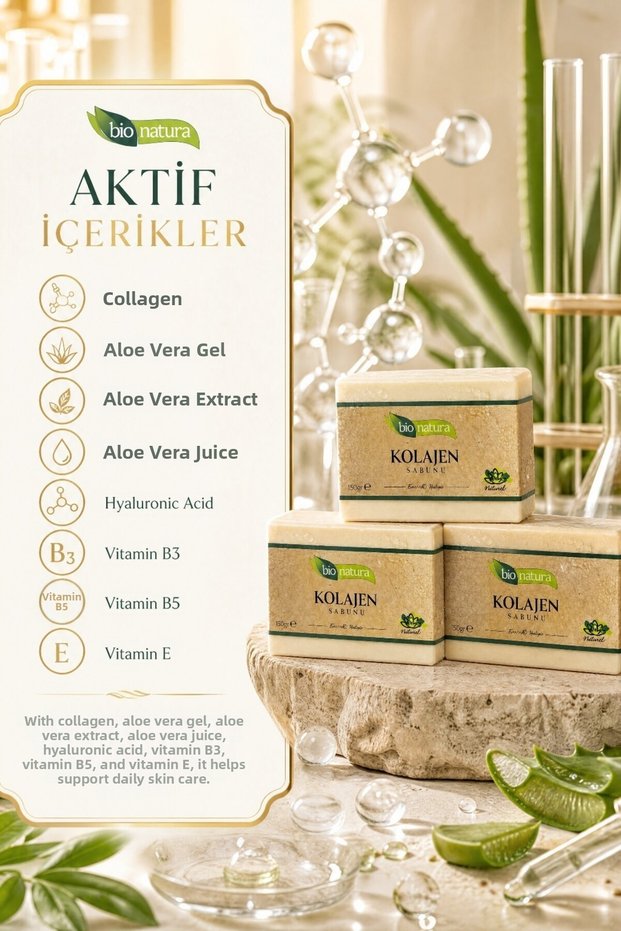 Bio Natura Collagen Soap 150 Gr X3 Advantageous Set | Collagen, Aloe Vera and Hyaluronic Acid Supported Daily Skin Care Soap