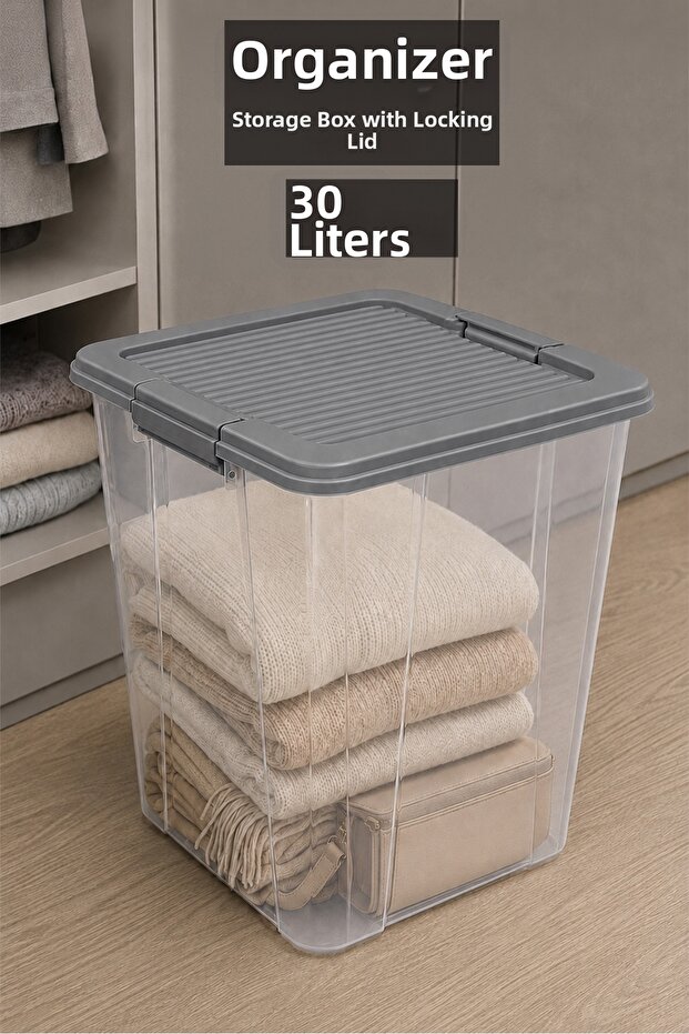 30Lt Lockable Lid Storage Box - Deep Elora Multi-Purpose Organizer Box Gray