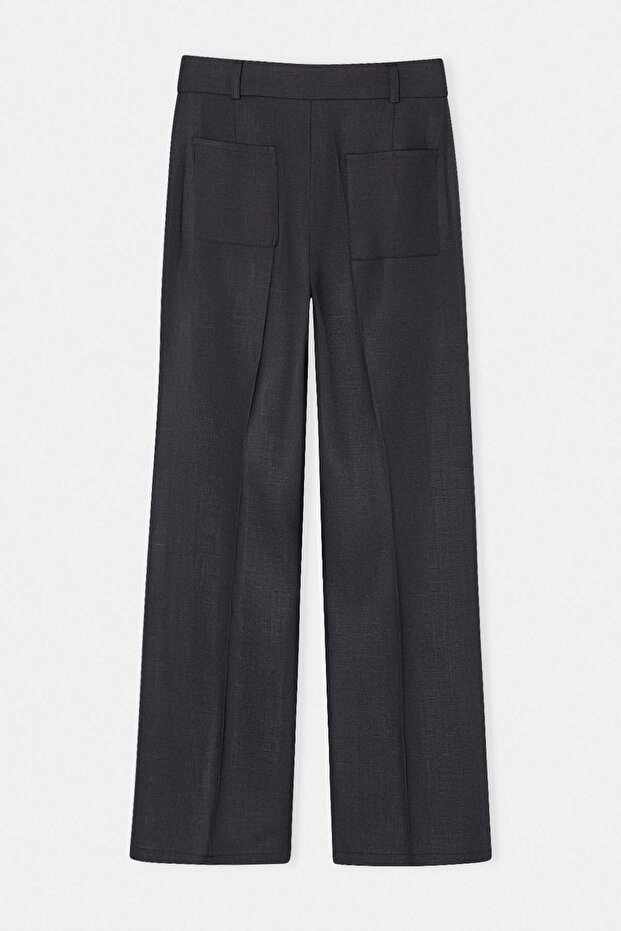 Lacivert Ütü İzli Düz Paça %100 Keten Pantolon TWOSS26PL00142 - 6