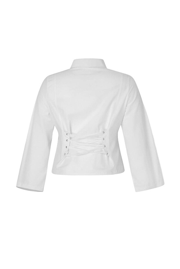 Koszula plus size z tkaniny w kolorze ecru, z wiązaniem na plecach, model TBBSS26AX00017 - 6