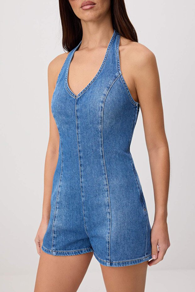 Mavi Halter Yaka Kısa Denim Tulum TWOSS26TU00048 - 3