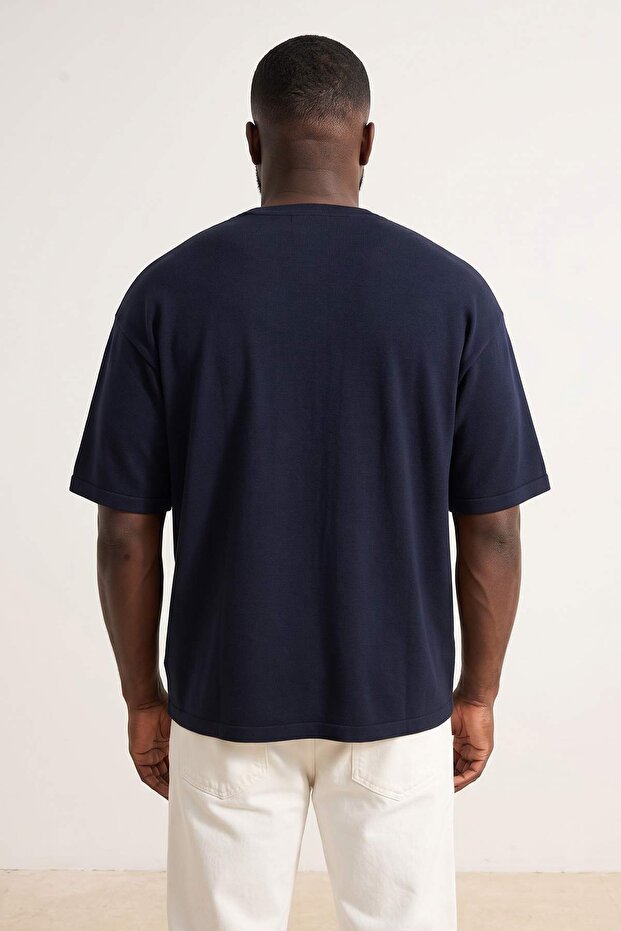 Lacivert Oversize/Geniş Kesim Bisiklet Yaka Basic Büyük Beden T-Shirt TMNSS25BF00000 - 3