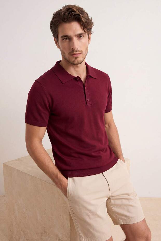 Bordo Regular/Normal Kesim Özel İplik Premium Basic Triko Polo Yaka T-shirt TMNSS26PO00044 - 2
