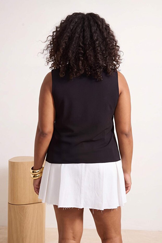 Teen Siyah Fitted/Vücuda Oturan Kayık Yaka Kolsuz Crop Esnek Örme Büyük Beden Bluz TBBSS26AF00167 - 5