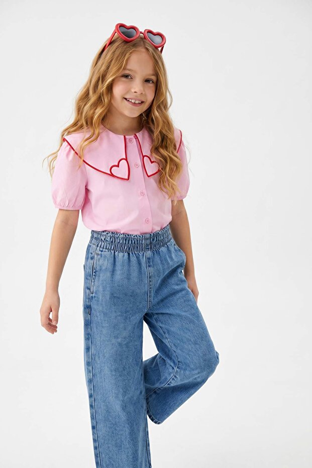 Pembe Düz Fitted Gömlek Yaka Kız Çocuk Örme Gömlek TKDSS26TS00077 - 2