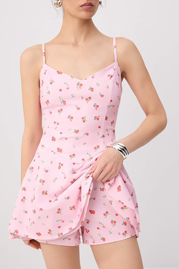Pembe-Çok Renkli Çiçek Desenli Kısa / Mini Dokuma Şort Etek Elbise TWOSS26EL01039 - 3